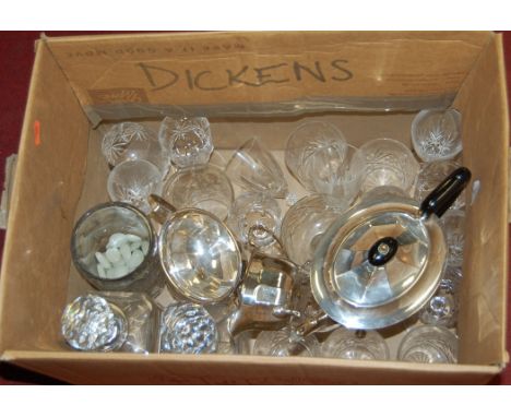 An early 20th century silver plated three piece tea service; together with two glass decanters and stoppers; whisky tumblers;