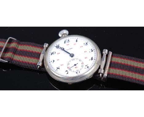A Cyma nickel cased gents pocket watch later converted to a wristwatch having signed white enamel dial, keyless movement, dia