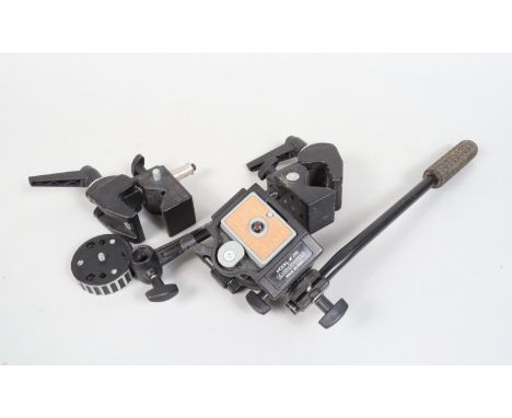 A Manfrotto Tripod Head, a Model 200 pan anf tilt head, with tripod arm, quick release plate,two Manfrotto Art 035 stidio cla