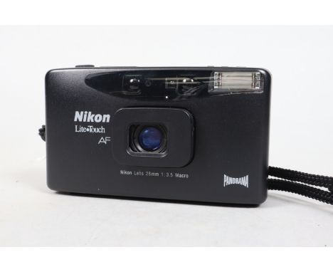 A Nikon Lite Touch AF Panorama Compact 35mm Camera, serial no 5044092, a 28mm f/3.5 Macro lens, powers up, shutter and flash 