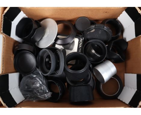 A Tray of Lens Hood and Caps, including Leitz lens caps, rubber hoods, generic maker's, various types and sizes