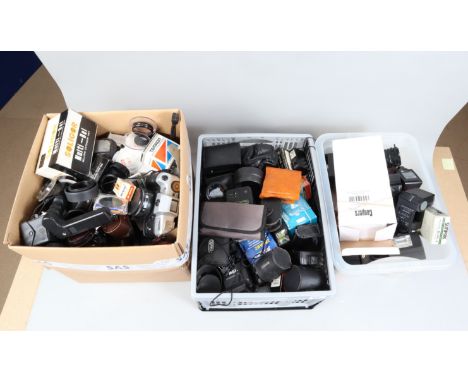Three Boxes of Camera Accessories, including flash units, filters, tubes, light meters, Olympia cameras, caps and other items