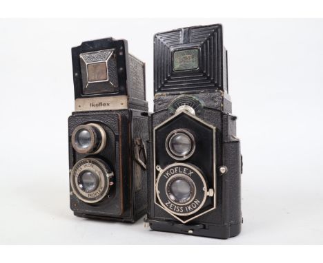 Two Pre-War Zeiss Ikon Ikoflex TLR Cameras, an Ikoflex 850/16 "coffee can" camera, early version, art deco viewing hood, 3 sp