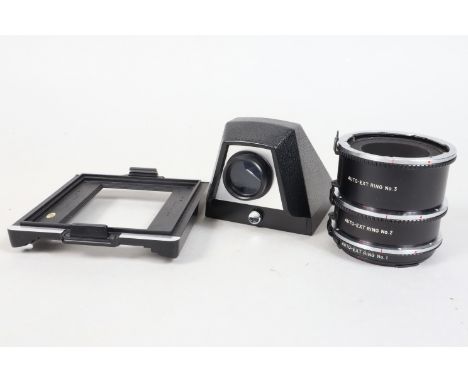 Mamiya Medium Format Camera Accessories, comprising a Mamiya M645 Auto-Ext Ring set (No. 1, 2 and 3) with cap and case, an ey