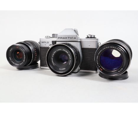 A Praktica MTL 3 Camera, shutter working, meter untested, signs of battery leakage to chamber, body G, with Carl Zeis Jena 50