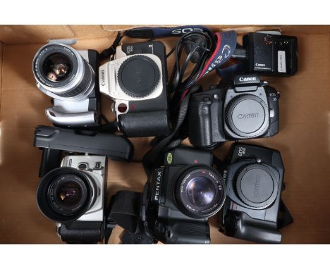 A Tray of AF Cameras, a Pentax SF7, with Tokina SD 70-210mm f/4-5.6 lens, a Canon EOS 300v, with 28-90mm f/4-5.6 II lens, a M