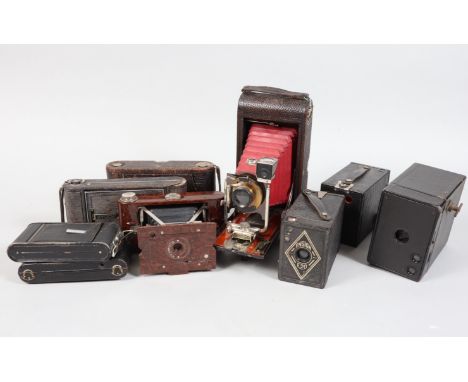 Folding and Box Cameras, including a folding pocket Kodak  model B-4, A No 2 Hawkette, Ensign, Coronet and three box cameras,