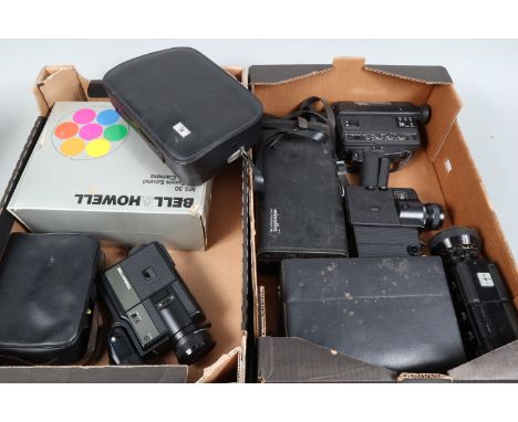 Two Trays of Japanese Super 8 Cine Cameras, a boxed Bell &amp; Howell MS30 sound camera, others maker's include Elmo, Minolta