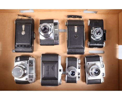 A Tray of Various Cameras, including a Kodak Retina Iic, Shutter working, body G, with Schneider Xenon 50mm f/2,8 lens, eleme