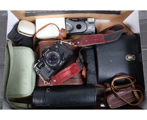 Cameras and Other Items, including a black Canon AE-1 SLR camera, aperture not working, a Vivitar Series 1 70-210mm f/2.5 wit