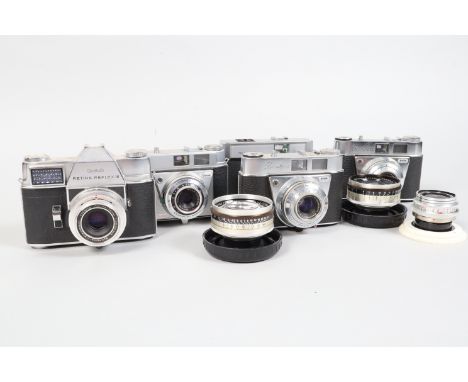 A Group of Kodak Cameras, A Kodak Retina Reflex III, shutter sluggish, body G, with Xenar 50mm f/2.8 lens, elements G, a 35mm