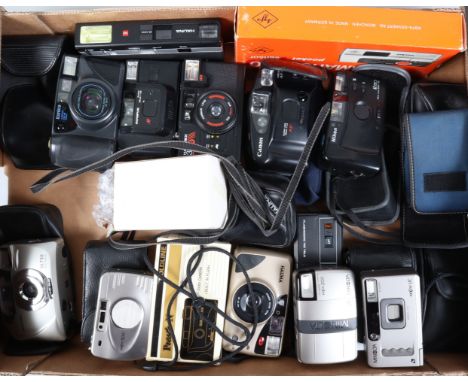 A Tray of Compact Cameras, manufacturers include Olympus, Konica, Praktica, Nikon, other examples, some instamatic and Minolt