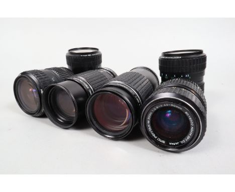 A Group of Pentax Lenses,  a SMC Pentax M 80-200mm f/4.5 zoom lens, barrel G, elements G, a SMC Pentax M 75-150mm f/4 zoom le