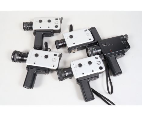 Braun Nizo Compact Bodied Super 8 Cameras,  comprising a 156 Macro with a 7-56mm zoom lens, a black 116 with a 8-48mm zoom, a