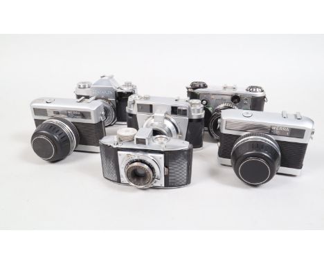 A Tray of 35mm Cameras, comprising a Leidorf Lordomat SE rangefinder camera with a Lordonar 50mm f/2.8 lens, a Carl Zeiss Jen