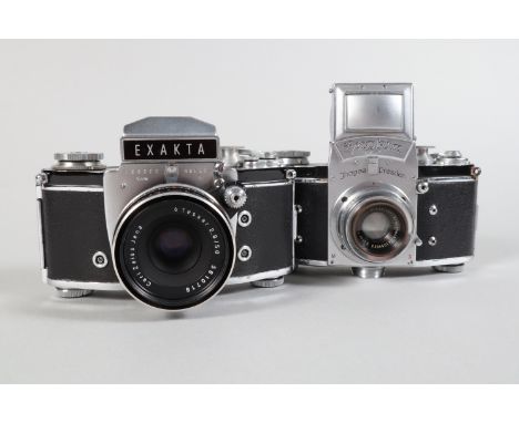 Two Exakta Cameras,  an Exakta Varex IIa, shutter working, body G, slight chrome wear, light paint scratches to edge of top p