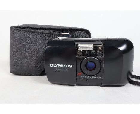 An Olympus mju-1 Compact Camera, black, serial no 5446776, an Olympus 35mm f/3.5 lens, powers up, shutter and flash fires, bo