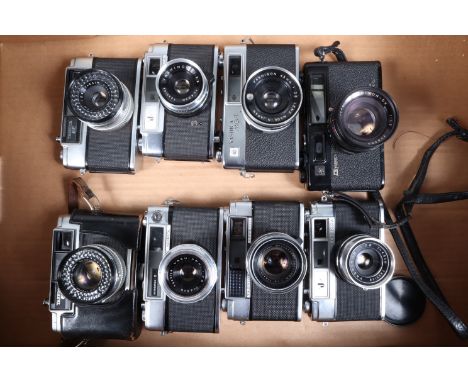 A Tray of Yashica Rangefinder Cameras,  a G Yashica GT, shutter fires, battery cover missing, body G, elements G, a MG-1, shu