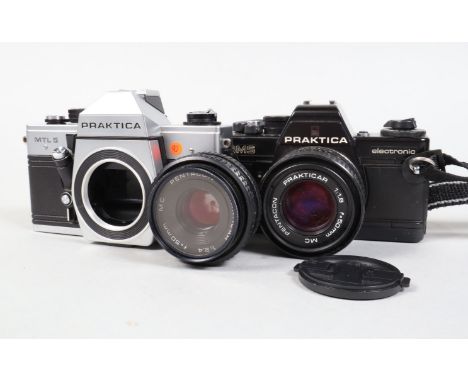 Two Praktica Cameras a Praktica BMS electronic, shutter working. meter responsive, body G, body G, with Pentacon 50mm f/1.8 a