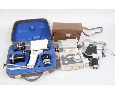 A Leicina and Other 8mm Double Run Cine Cameras, comprising a Leicina 8S camera, battery corrosion, a Gevaert Automatic camer