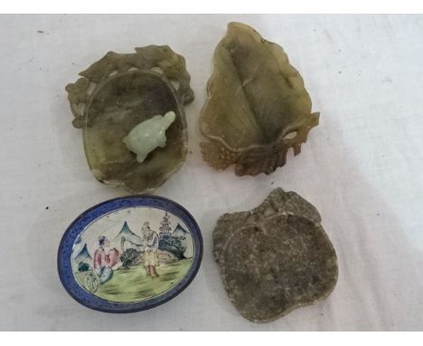 A quantity of odds to inc jade brush washers, Cantonese enamelled tray and carved Jade tortoise