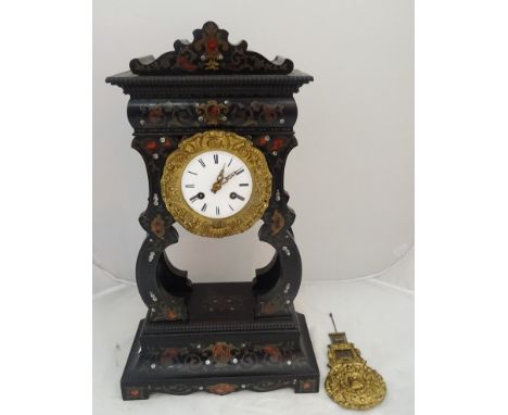 A 19th century Portico clock with brass and tortoiseshell inlay