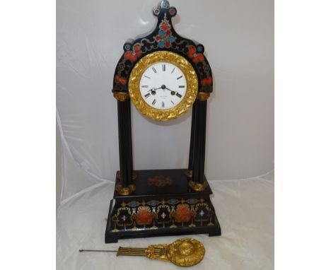 A 19th century Portico clock with inlay of mother-of-pearl & red/blue inlay