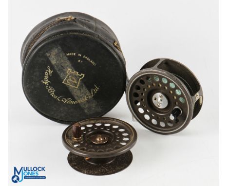 Hardy Bros "The Prince" alloy trout fly reel with spare spool, 3 3/16" spool, 2 screw latch, brown handle, large rear spindle