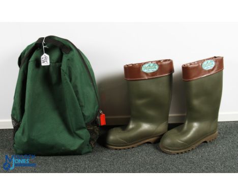 Muk Luks Outdoor Ware Lined Wellington Boots, size 8-9 in light used condition, with a pair of Nato style over trousers army 