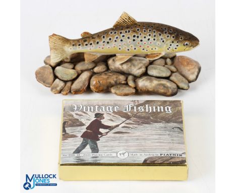 Ceramic: A ceramic spotted brown trout by Neil Dalrymple 2010, a 6.5" fish mounted over pebble effect base, small chip to tai