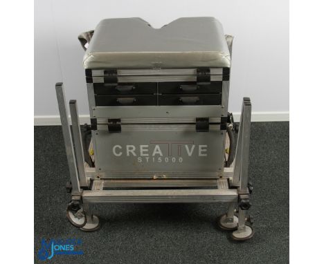 Creative ST1500 Fishing Seat Box, aluminium construction with 6 feet, and multi draws, has a few contents, large scales, line