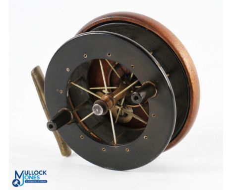 Coxon Aerial trotting reel 4 ½" diameter, ebonite drum, 6 spoke, no tension regulator, modified centre screw nut twin black h