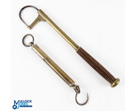 Farlows brass spring scales 0-50 lbs and Farlows brass/steel single draw gaff, with square shaft, point guard, turned wood ha