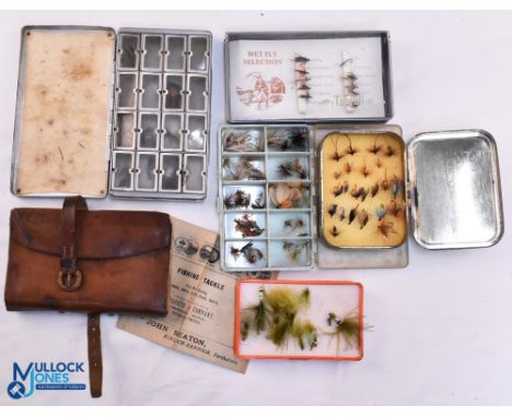 A collection of fly boxes and wallet as follows: Allcocks Redditch fly tin 6 ½" x 3 ½" with 16 spring window boxes to base an