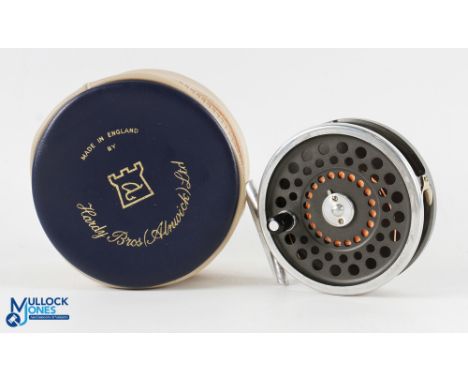 Hardy Bros "Marquis" 8/9 alloy sea trout fly reel 3" spool with 2 screw latch and black handle, rear tensioner, constant chec
