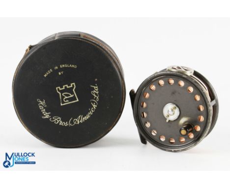 Hardy Bros "The St George" alloy trout fly reel 3 3/8" spool with 2 screw latch, black handle, milled rim tensioner, ribbed b