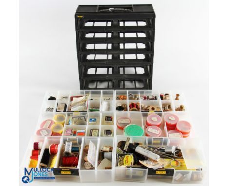 Fly-Tying Collection of Equipment and Tools all within a plastic drawer stacker, with noted contents, new and old, of silk, b