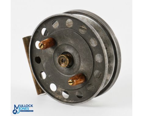 A scarce W F Homer, Forest Gate, London, alloy centre pin trotting reel 3 ½" spool with brass milled spool tensioner, twin ho