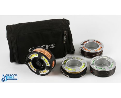 Greys Alnwick GRXi alloy cassette trout fly reel with 3 spare cassettes 3 7/8" spool, 2 screw latch, counter balanced handle,