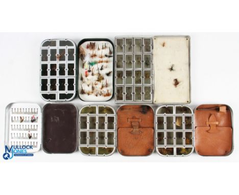Richard Wheatley slim alloy fly tin 5" x 3 ½" x 1", 12 spring windows to base, leather flap for leaders and original tweezers