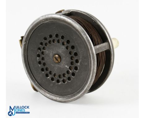 Walker Brampton, Alnwick "The Lennox" alloy salmon fly reel 4" wide spool, milled rim tensioner, white handle, smooth brass f