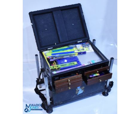 Map Fishing Tackle Box Seat, with a selection of coarse fishing accessories inside of line, line winders, bait boxes, lead we