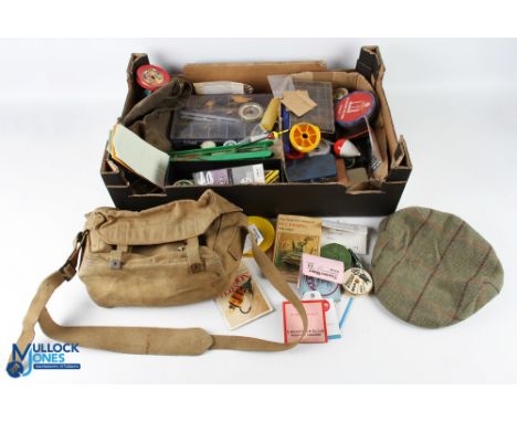 Box of Period Fishing Tackle and Accessories, with a quantity of used items to include: WWII army kit bag, tins of hooks, lin