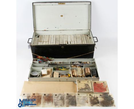 Large Japanned Fishing Fly Tying Metal Trunk - an indistinct label to lid of box with a sectioned drawer, full of period cont