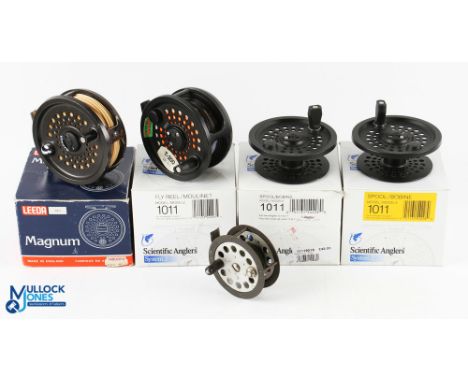 Scientific Anglers System 2 alloy salmon fly reel with 2 spare spools, 4 ¾" ventilated wide spool, 2 screw latch, counter bal
