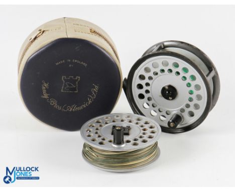 Hardy Bros "The Viscount 150" alloy trout/sea trout fly reel with spare spool, 3 7/8" spool with 2 screw latch, black handle,