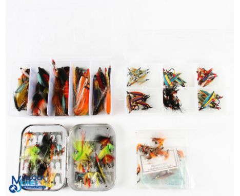 A large selection of salmon flies and tubes: R Wheatley slim alloy swing leaf tin, 5" x 3 ½" x 1" with 30 large, 56 medium cl