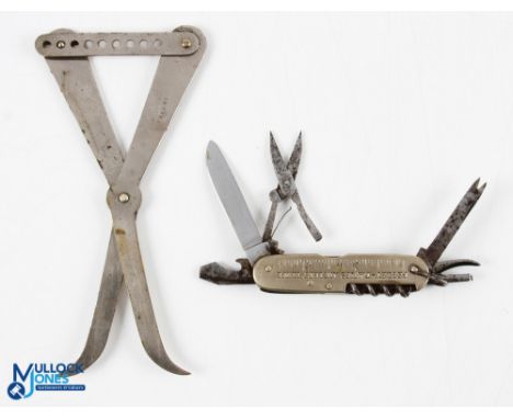 An Allcock Patent scissor pike gag, 7.5" nickel on brass, adjustable rear bar, and a Pegley-Davis angler's knife, multi tool,
