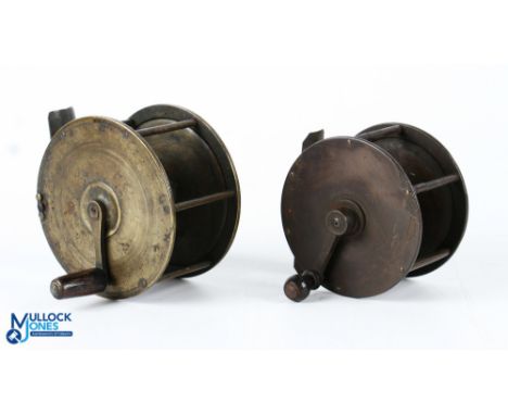 Pair of early 19th c brass winch reels featuring a Graham Cockermouth (clockmaker) stamped 3.25" reel with pin pillar constru