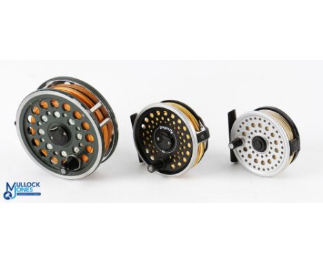 A collection of fly reels, all in Shimano zip case, as follows: Shakespeare Beaulite alloy salmon reel 4 ¼" spool, 2 screw la